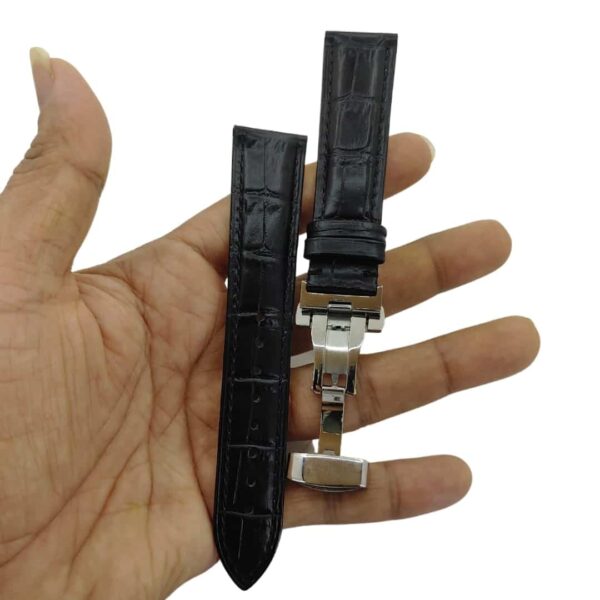 genuine leather watch strap black silver on hand