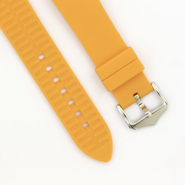 a yellow watch band with a silver buckle