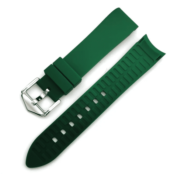 a green watch band with a silver buckle